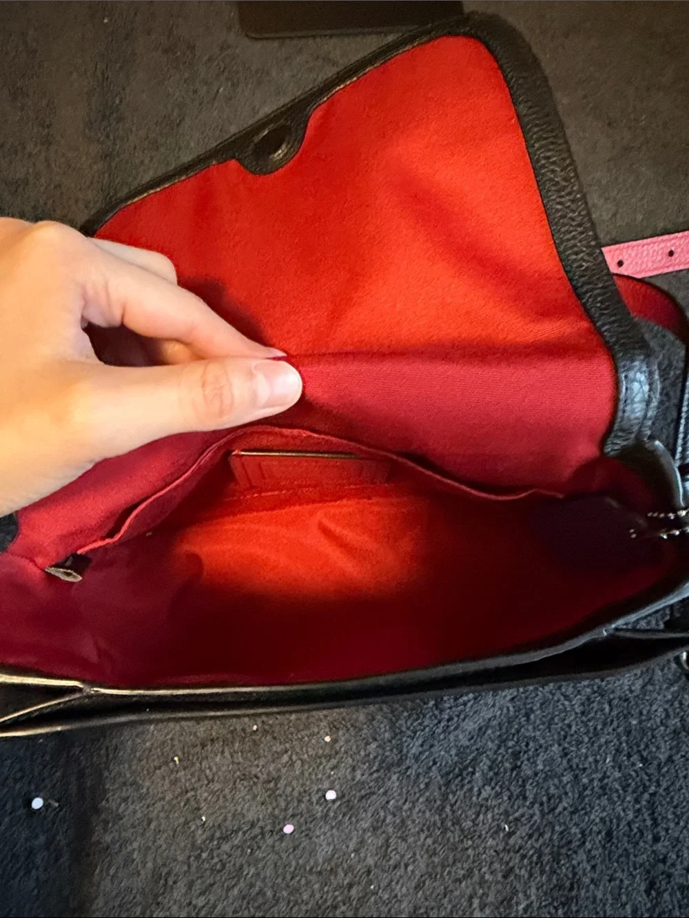 Coach Black Pebbled Leather Crossbody with Rainbow Coach Patch and Red Strap